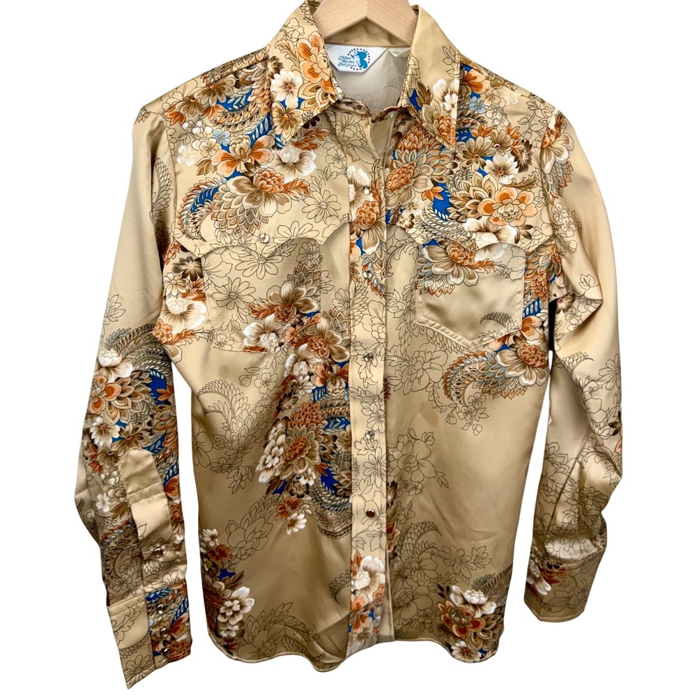 VTG Miss Rodeo America Floral Western Satin Shirt Tan Womens 11/12 Pearl Snap